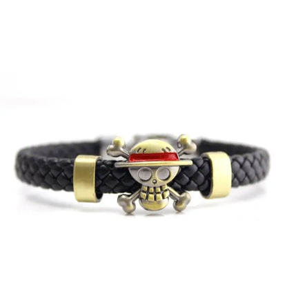 One Piece Luffy Straw Hat Skull Bracelet - Woven Leather Cord Anime Wristband for Fans