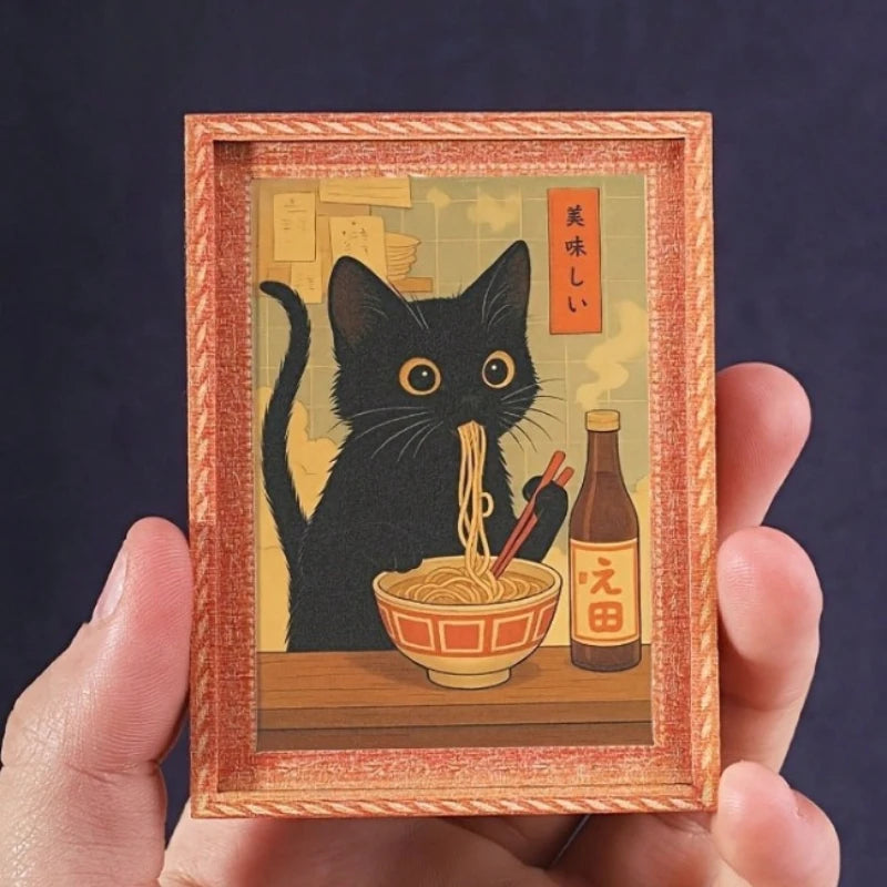 Mini Framed Black Cat Eating Ramen Fridge Magnet - Cute Japanese Cat Decor