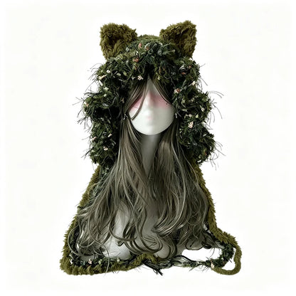 Handmade Crochet Moss Green Fox Ear Hat – Plush Floral Knit Goblincore Winter Hood