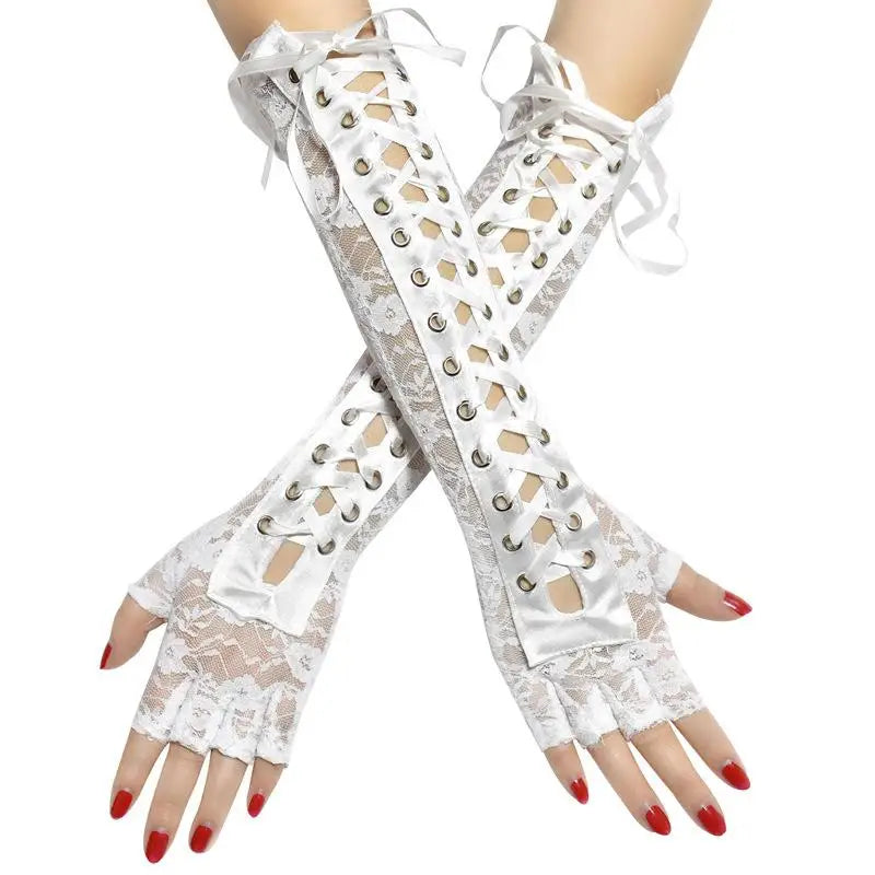 Fingerless Fishnet Lace Gloves Women Gothic Lolita Ribbon Long Elbow Mittens