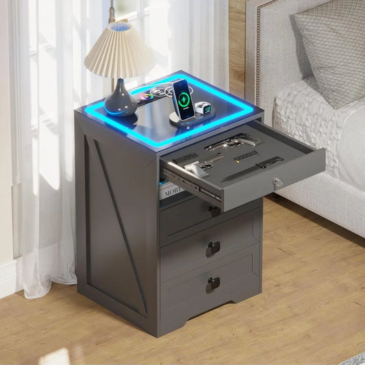 LED Nightstand with 3 Drawers, Glass Top Bedside Table with Wireless Charging Station, Modern Night Stand with Auto Senso