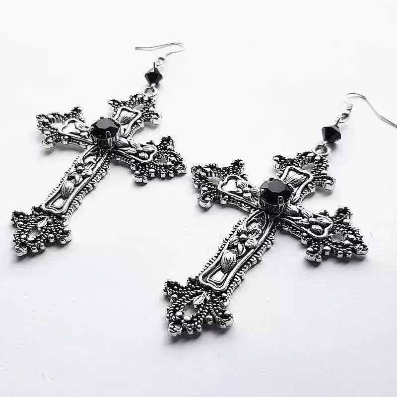 Gothic Black Zircon Crucifix Drop Earrings – Silver Punk Cross Dangle Earrings for Women