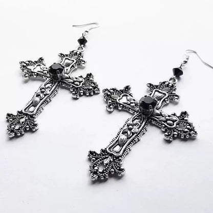 Gothic Black Zircon Crucifix Drop Earrings – Silver Punk Cross Dangle Earrings for Women