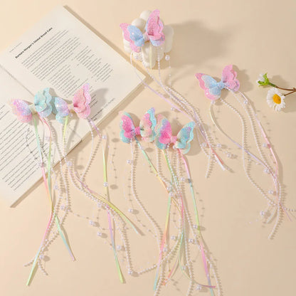 Sparkly Butterfly Bow Hair Clips for Girls – Long Pearl Tassel Ribbon Barrettes, Fairy Cosplay Hair Accessories