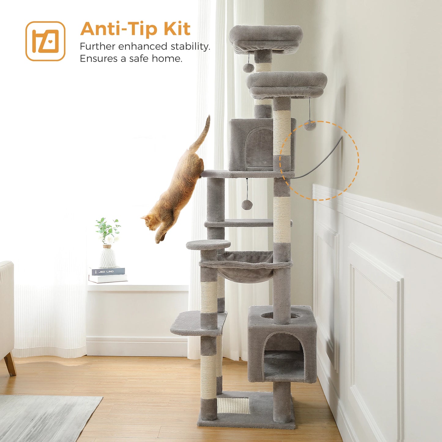 Large Cat Tree Tower with Hammock And Perches Sisal Scratching Posts Spacious Condos And Cat Toys for Indoor Cats Grey/Beige/Black
