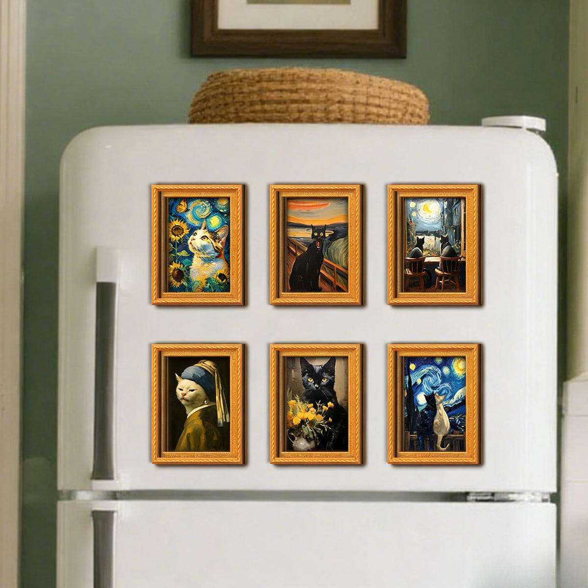 Famous Art Funny Cat Wooden Mini Frame Fridge Magnet