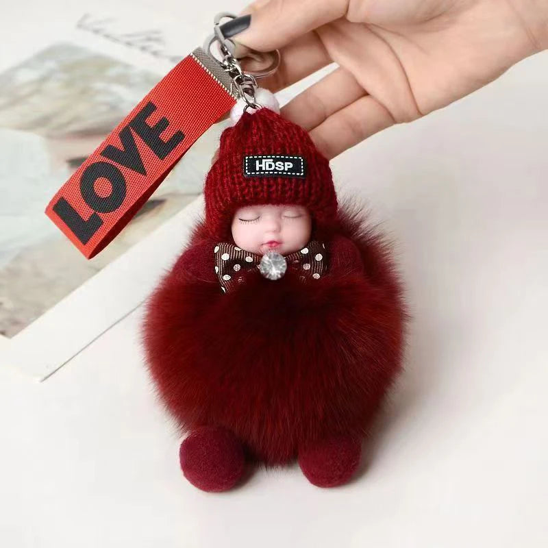Cute Fluffy Sleepy Doll Keychain – Kawaii Plush Bag Charm Car Key Ring Gift
