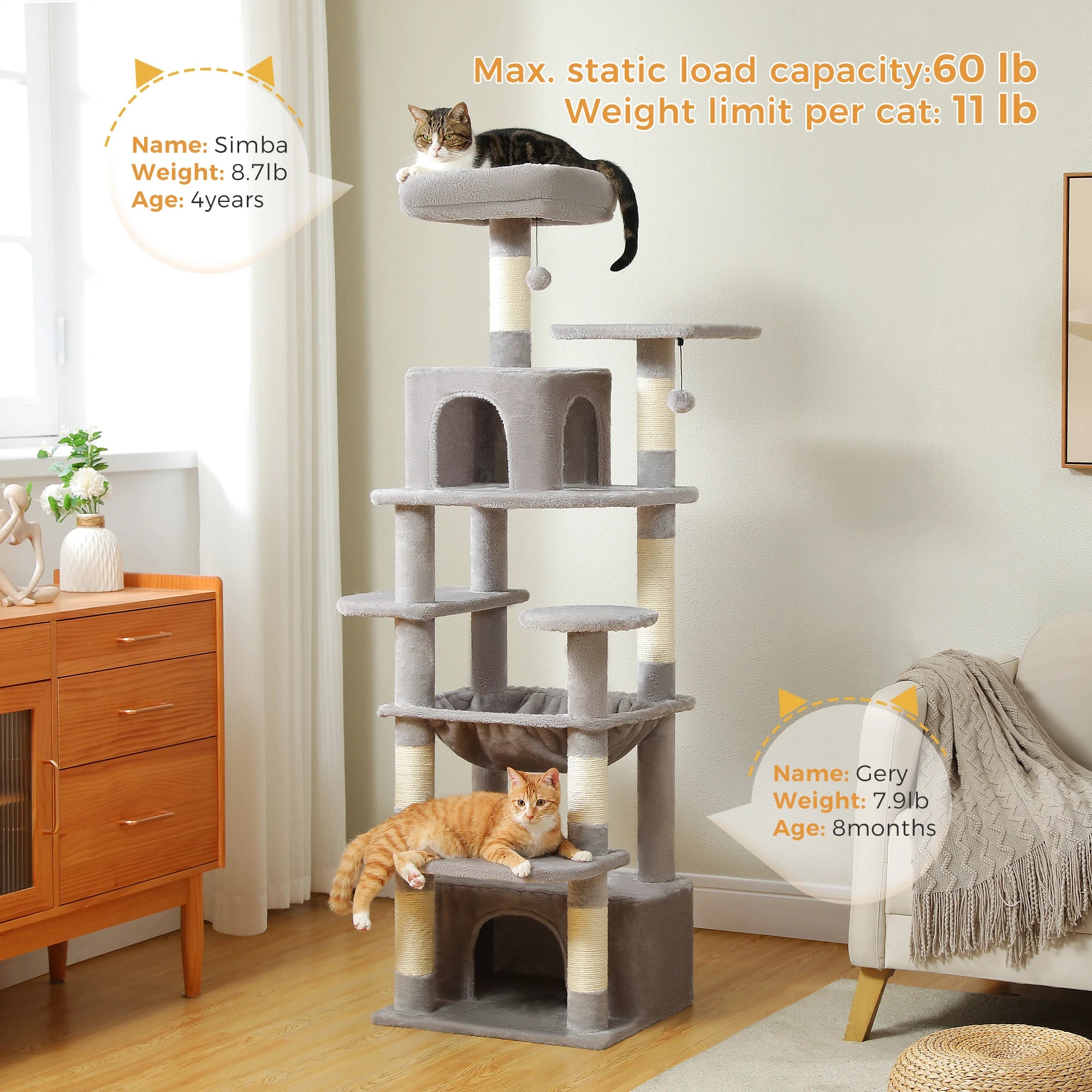 Large Cat Tree Tower with Hammock And Perches Sisal Scratching Posts Spacious Condos And Cat Toys for Indoor Cats Grey/Beige/Black