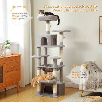 Large Cat Tree Tower with Hammock And Perches Sisal Scratching Posts Spacious Condos And Cat Toys for Indoor Cats Grey/Beige/Black