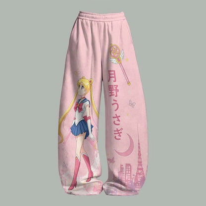 Sailor Moon Anime Print Pants – Y2K Streetwear Loose-Fit Casual Trousers for Women