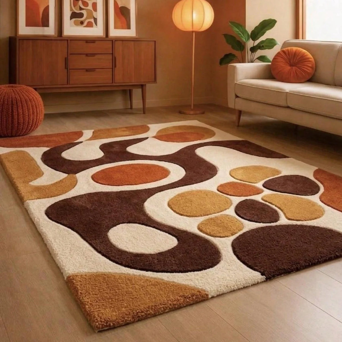 Abstract Tufted Area Rug – Sculptural Irregular Shape Brown & Cream Rug for Living Room