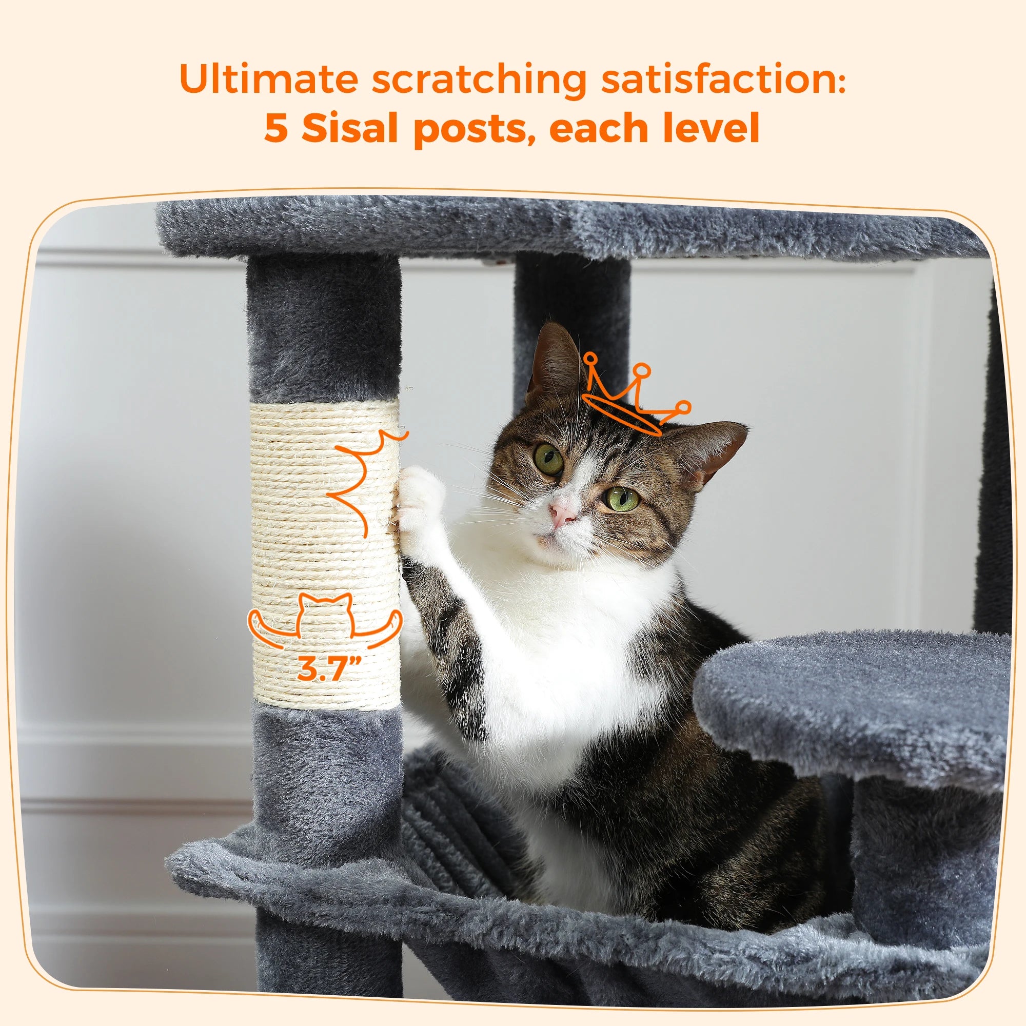 Large Cat Tree Tower with Hammock And Perches Sisal Scratching Posts Spacious Condos And Cat Toys for Indoor Cats Grey/Beige/Black
