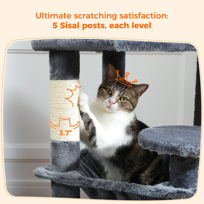 Large Cat Tree Tower with Hammock And Perches Sisal Scratching Posts Spacious Condos And Cat Toys for Indoor Cats Grey/Beige/Black