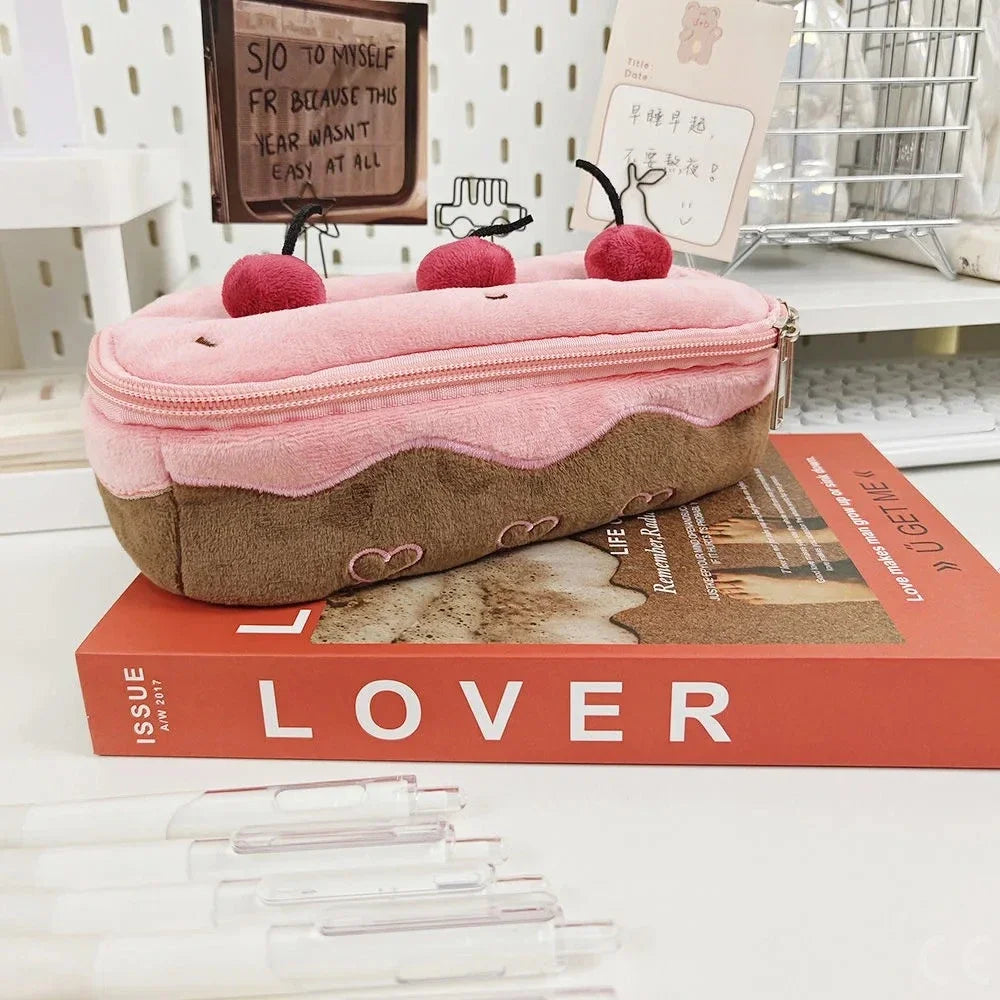 Cherry Cake Plush Pencil Case, Large Capacity Student Stationery Pouch Gift