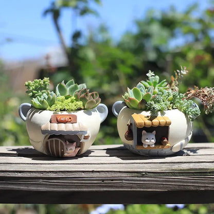 Cute Kitty Fox Resin Succulent Planter Mini Desk Flowerpot for Home Office Decor
