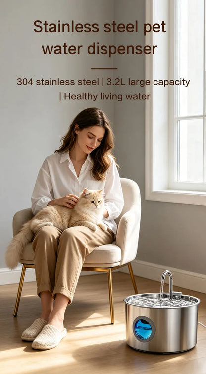 Stainless Steel Cat Water Fountain 108oz/3.2L for Cats, Dogs and Small Pets, with Quiet Operation & LED Light, Easy to Clean & Assemble