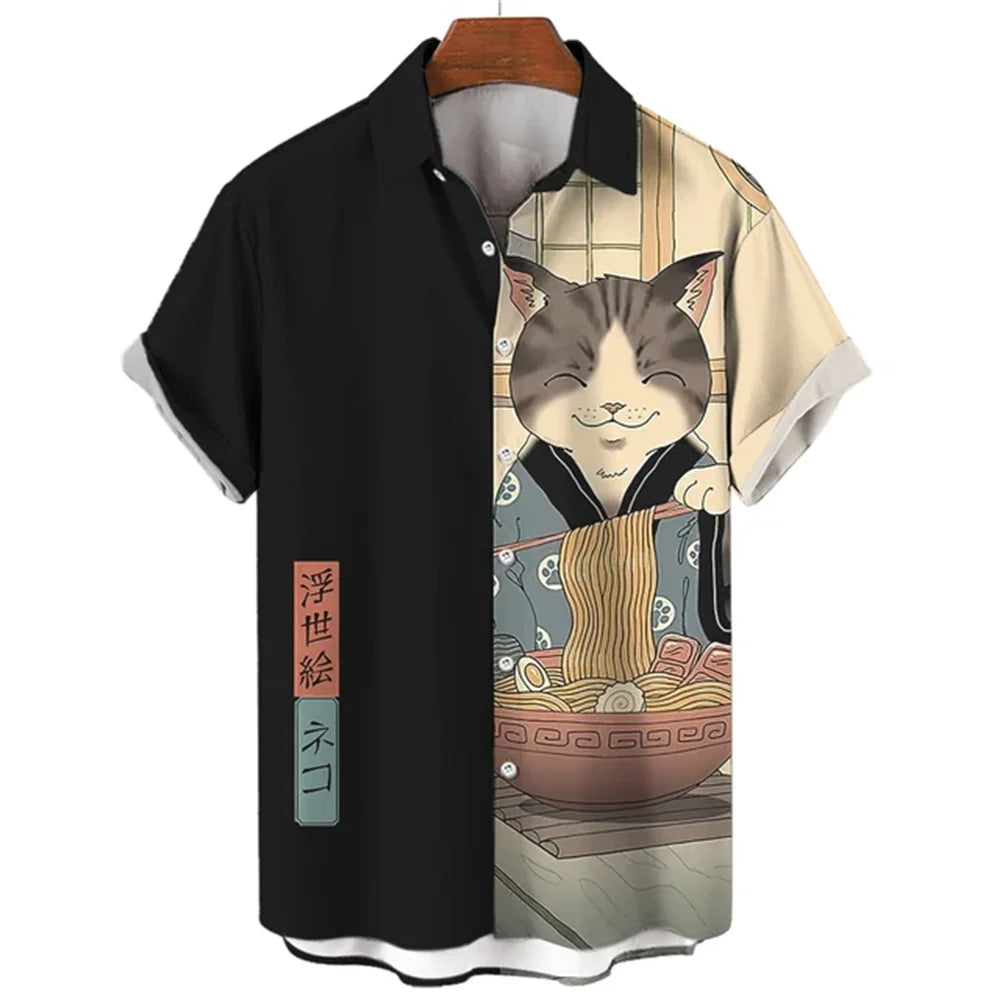 Men's Samurai Cat Print Hawaiian Shirt - Short Sleeve Loose Casual Anime Blouse