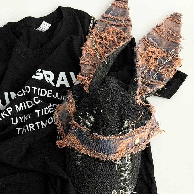 Y2K Denim Fur-Edge Rabbit Ears Baseball Cap with Chain – Punk Hip-Hop Sunshade Hat
