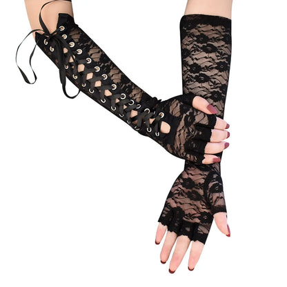 Fingerless Fishnet Lace Gloves Women Gothic Lolita Ribbon Long Elbow Mittens