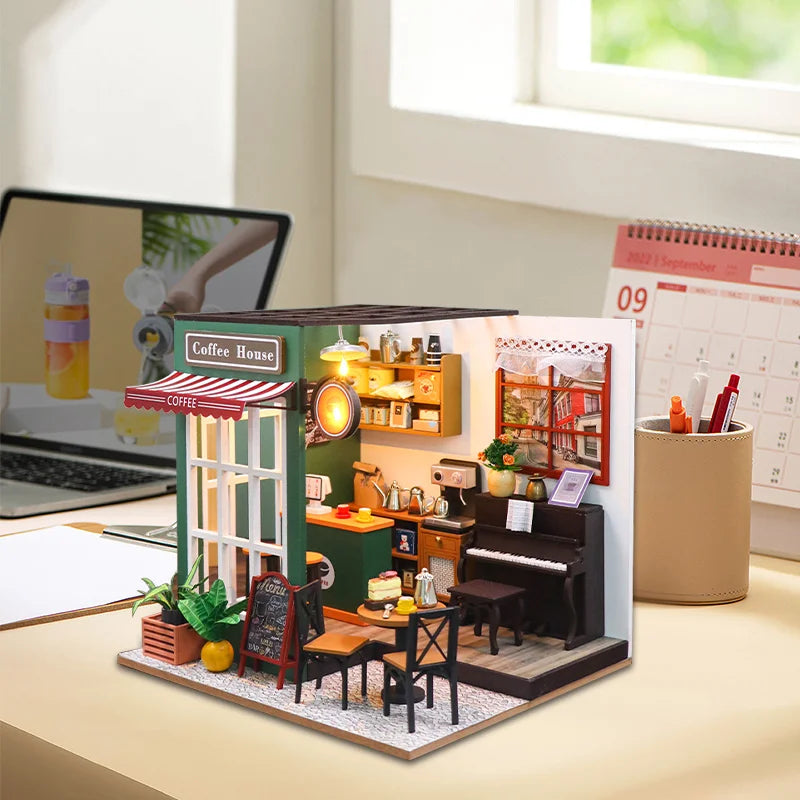 DIY 3D Puzzle Wooden Miniature Dollhouse Building Kit - Handmade Coffee House Model Gift