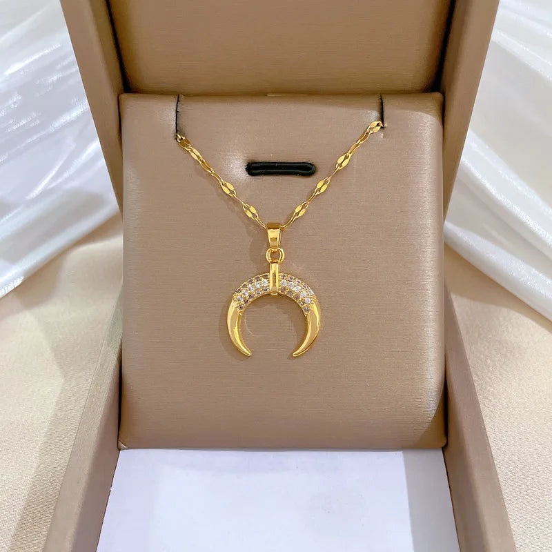 Crescent Moon Pendant Necklace Stainless Steel Zircon Vintage Jewelry
