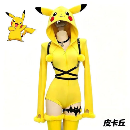 Pikachu Cosplay Hooded Bodysuit for Women – Yellow Plush Jumpsuit with Tail and Socks