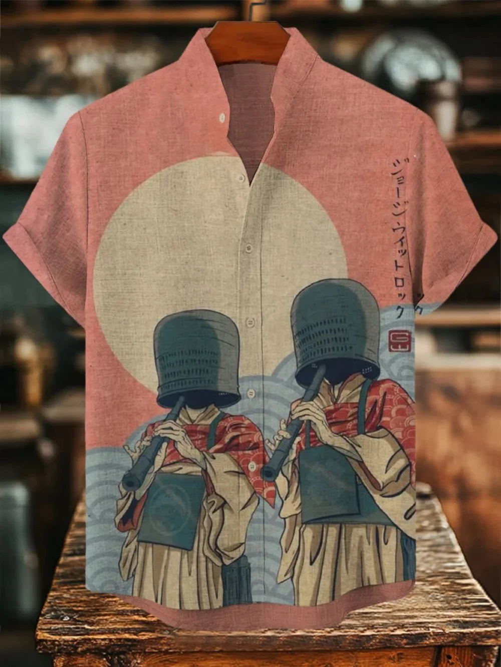 Men's Japanese Retro Black Cat Print Linen Shirt - Short Sleeve Stand Collar Casual Top