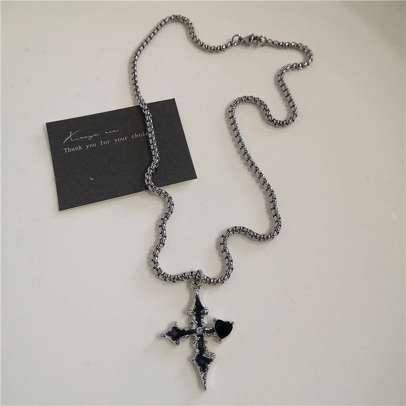 Y2K Punk Heart Cross Pendant Necklace - Grunge Goth Chain for Men Women