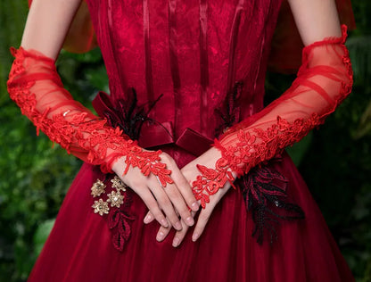 Gothic Lolita Lace Fingerless Gloves Women Y2K Sun Block Oversleeve Mittens