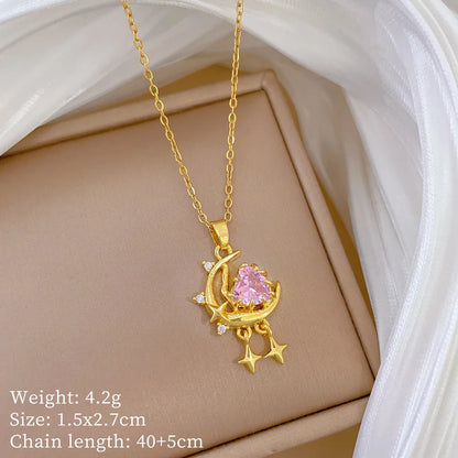 Crescent Moon Pendant Necklace Stainless Steel Zircon Vintage Jewelry