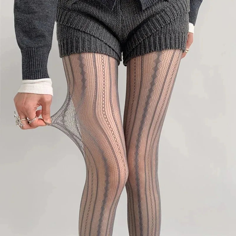 Lolita Gothic Fishnet Tights - Geometric Striped Mesh Lace Pantyhose, Seamless Cute Leggings