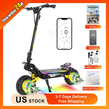 LED Electric Scooter 2400W Dual Motors 52V23AH Battery E Scooter Adult Hydraulic Brake 11'' Off-Road Tires With APP
