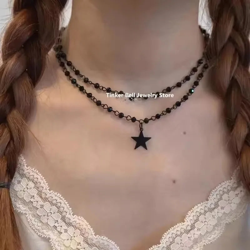Punk Star Heart Cross Double Layer Chain Necklace – Y2K Grunge & EMO Rock Style for Men and Women