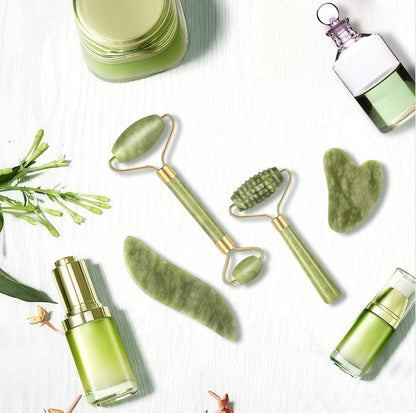 Charmonic Jade Roller & Gua Sha Set 4pcs – Face Sculpting, Anti-Aging Massage Tools for Glass Skin, Lymphatic Drainage & Glow