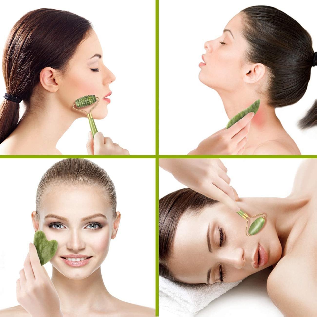 Charmonic Jade Roller & Gua Sha Set 4pcs – Face Sculpting, Anti-Aging Massage Tools for Glass Skin, Lymphatic Drainage & Glow