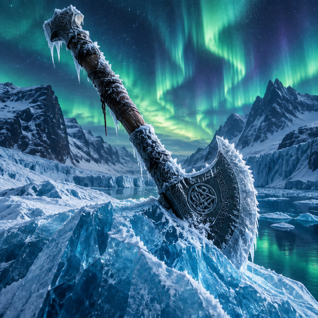 Frost Axe Under northern lights, ornate dark metal war axe with a frost-covered wooden handle and icy blade embedded in ice.
