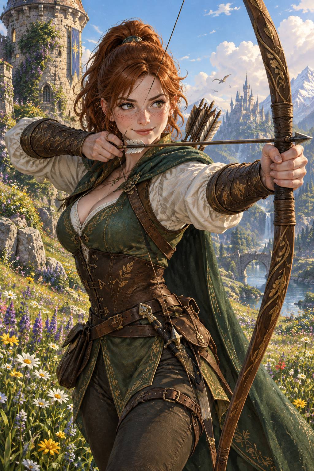 Meadow Archer fantasy digital art of a red-haired woman in green leather and cream sleeves, drawing an ornate wooden bow.