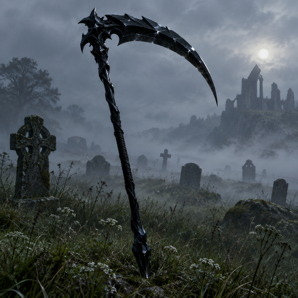Obsidian Scythe digital art print featuring a tall black, jagged-bladed weapon with a twisted handle and gothic detailing.