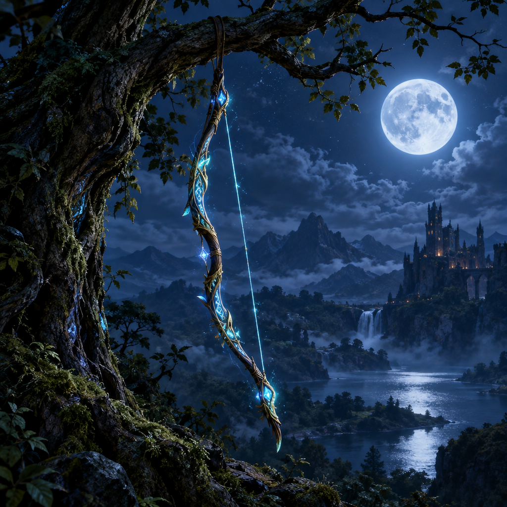 Moonlit Enchanted Longbow, a curved wooden bow adorned with glowing blue runes and suspended by a cord.
