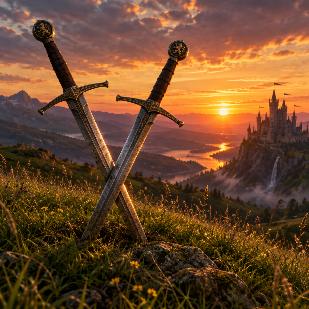 Crossed Swords at Sunset digital art print, showing crossed silver medieval blades with dark wrapped hilts planted in grass.