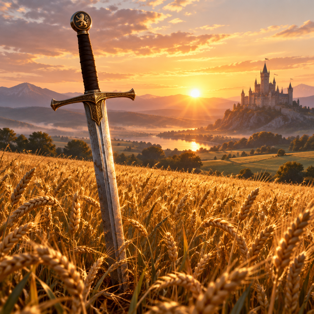 Digital art print of Longsword in the Golden Wheat Field, featuring a silver blade with ornate gold hilt among golden wheat.