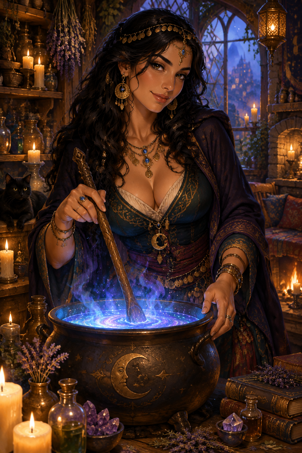 Candlelit Cottage Witch digital fantasy artwork of a dark-haired woman in ornate robes stirring a glowing blue potion in a cauldron.