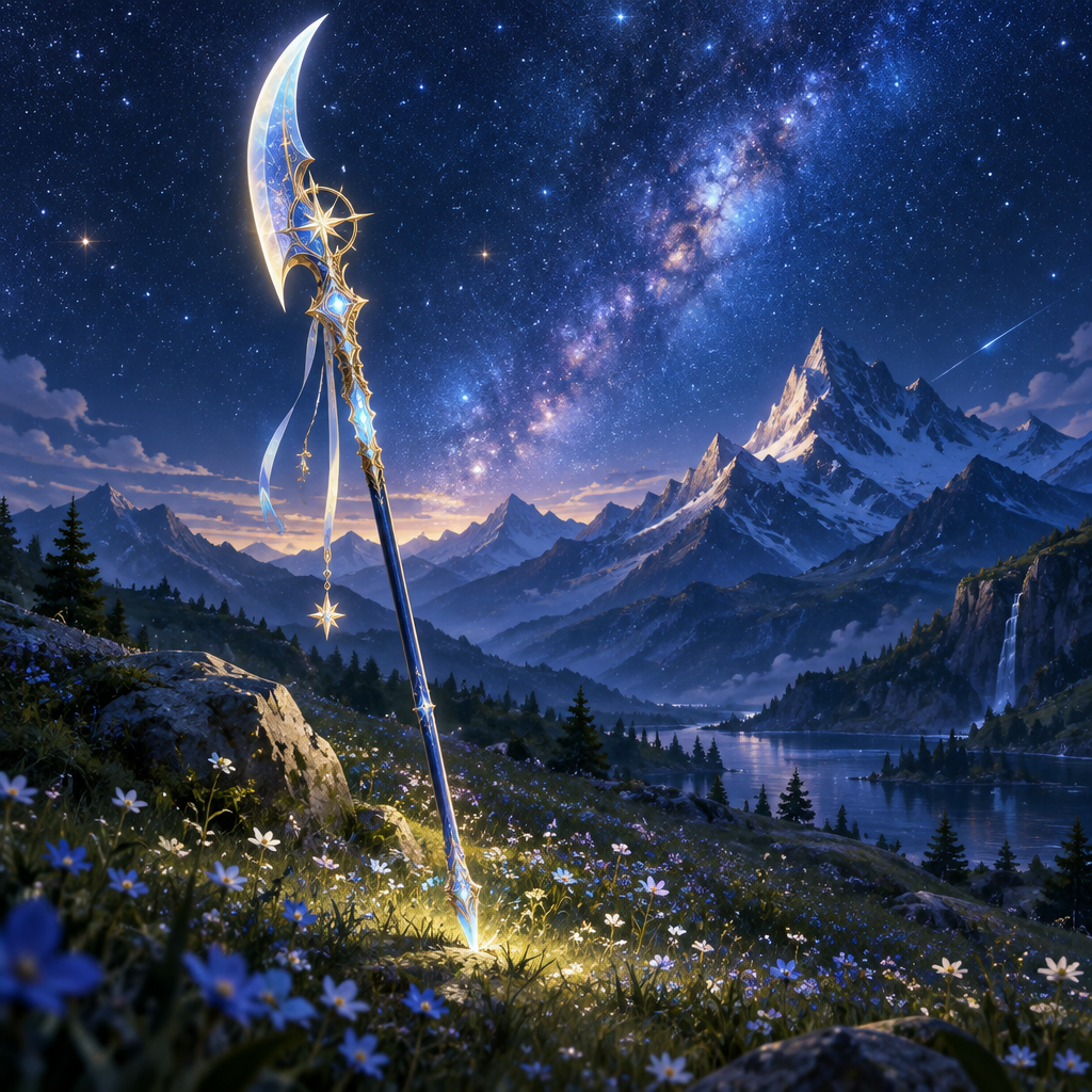 Celestial Glaive digital art print with a glowing silver-blue crescent blade, ornate gold details, and a starry mountain meadow scene.