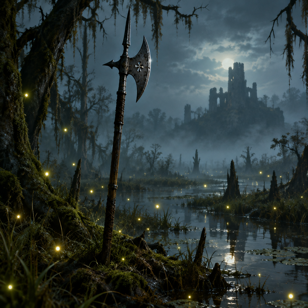 Digital art print, Halberd in the Firefly Swamp, with a dark metal polearm amid glowing fireflies and misty ruins.