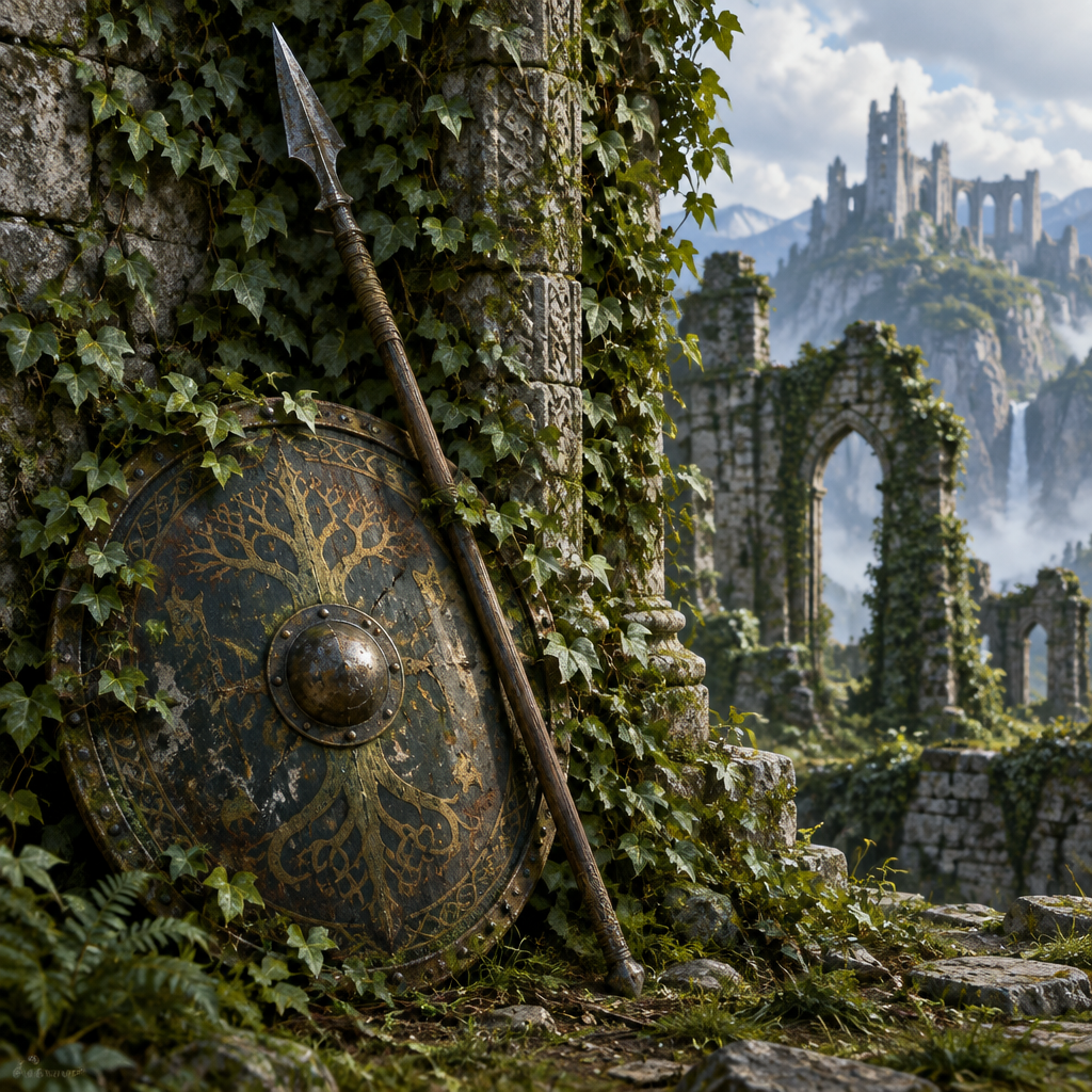 Shield and Spear digital art print featuring a weathered bronze shield with gold tree motifs and a dark wooden spear against ivy-covered stone ruins.