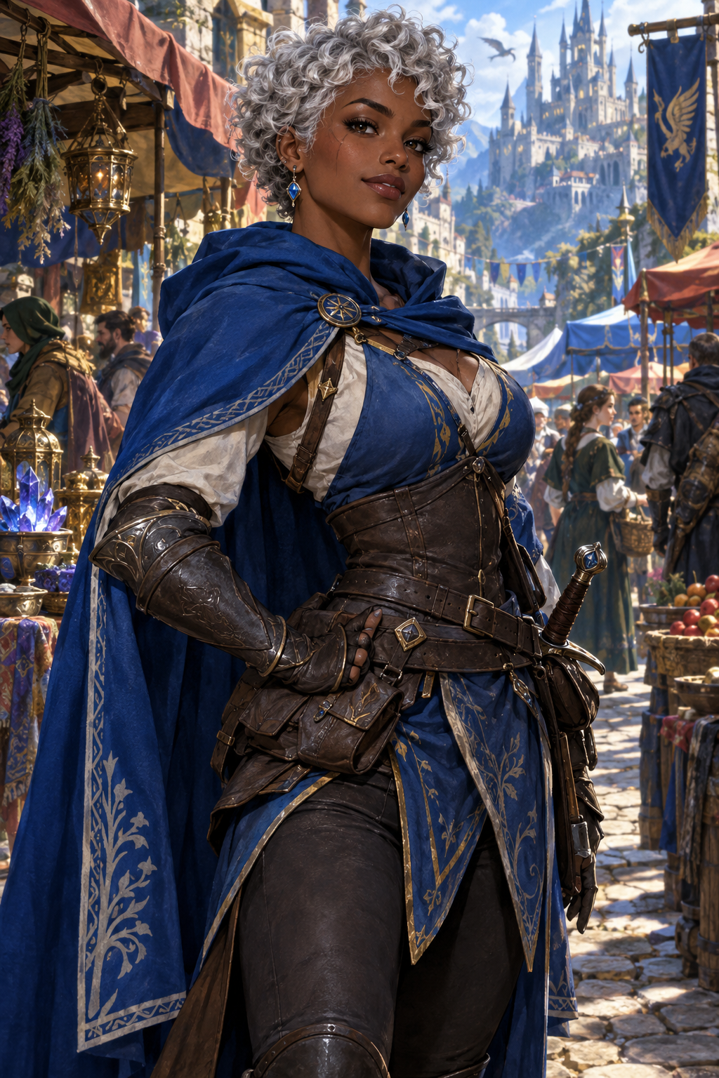 Medieval Market Guardian fantasy warrior portrait in a blue embroidered cloak, leather armor, and silver curly hair
