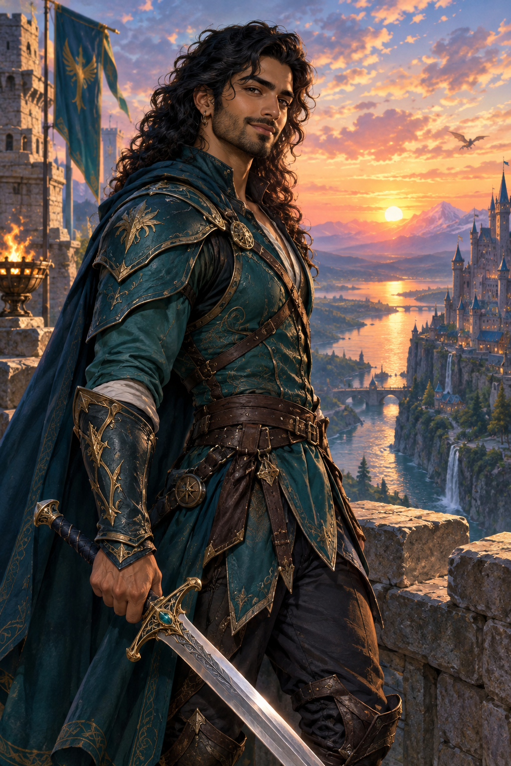 Castle Battlement Warrior fantasy artwork depicting a long-haired man in teal and gold armor, holding a sword with ornate detailing