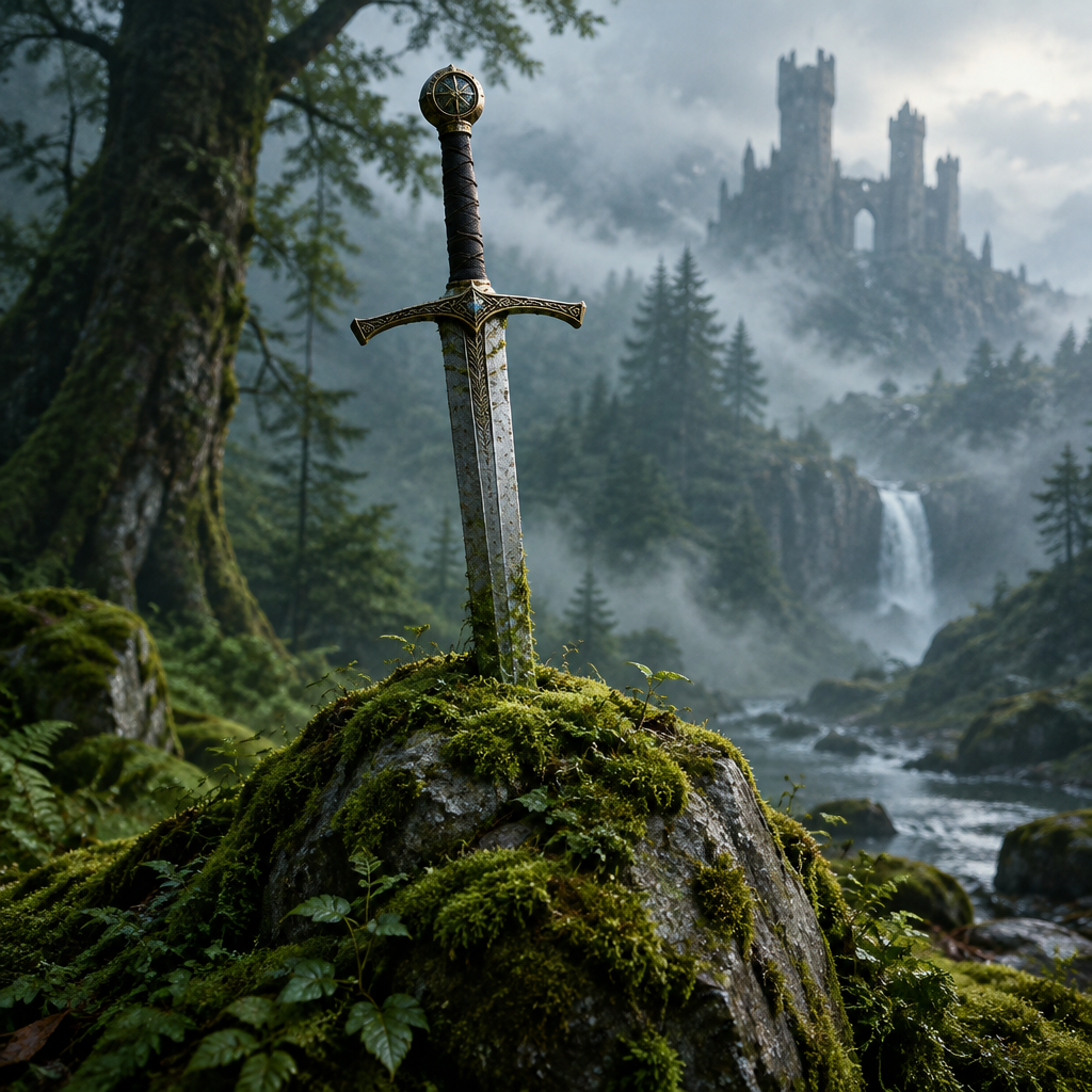Digital art print titled Broadsword in the Mist, showing a silver broadsword with ornate gold hilt in mossy stone amid a misty forest.