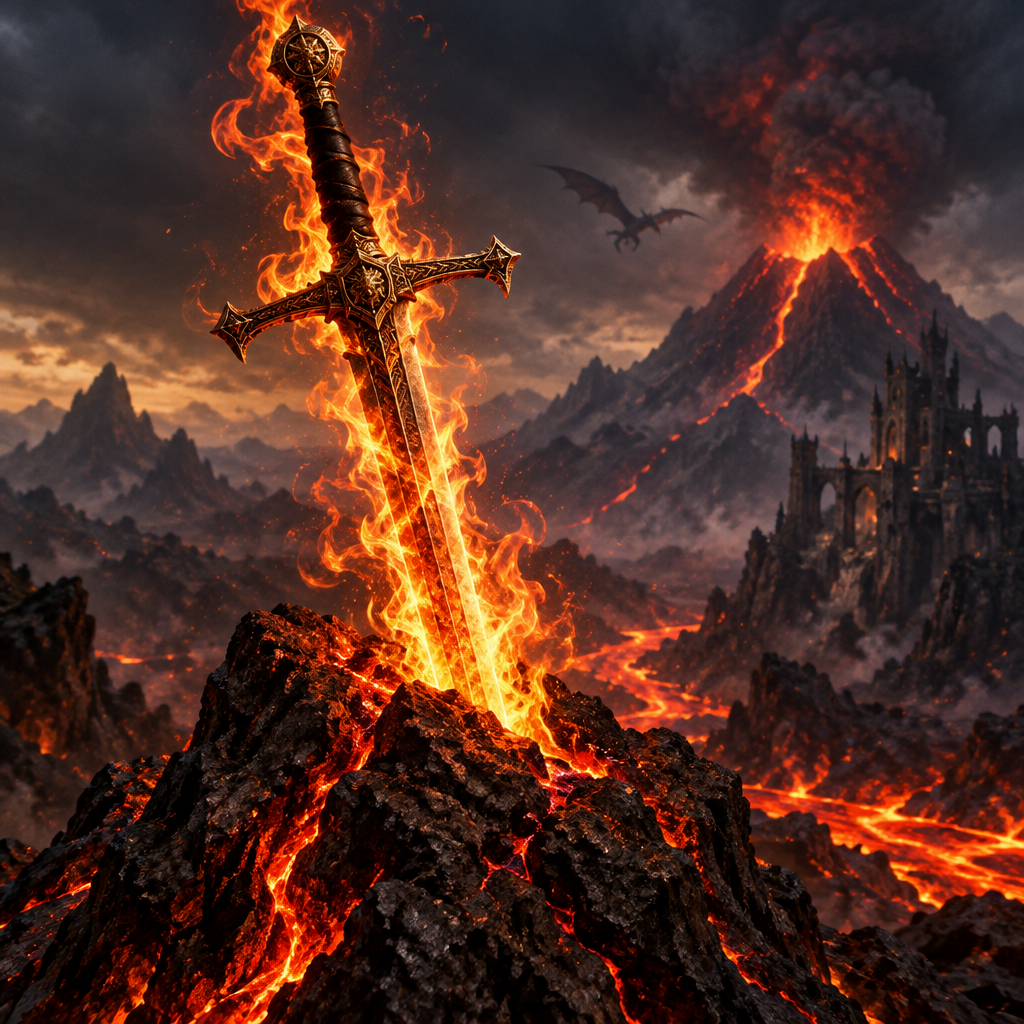 Flaming Sword digital art print with an ornate golden hilt, engulfed in flames and embedded in black volcanic rock.