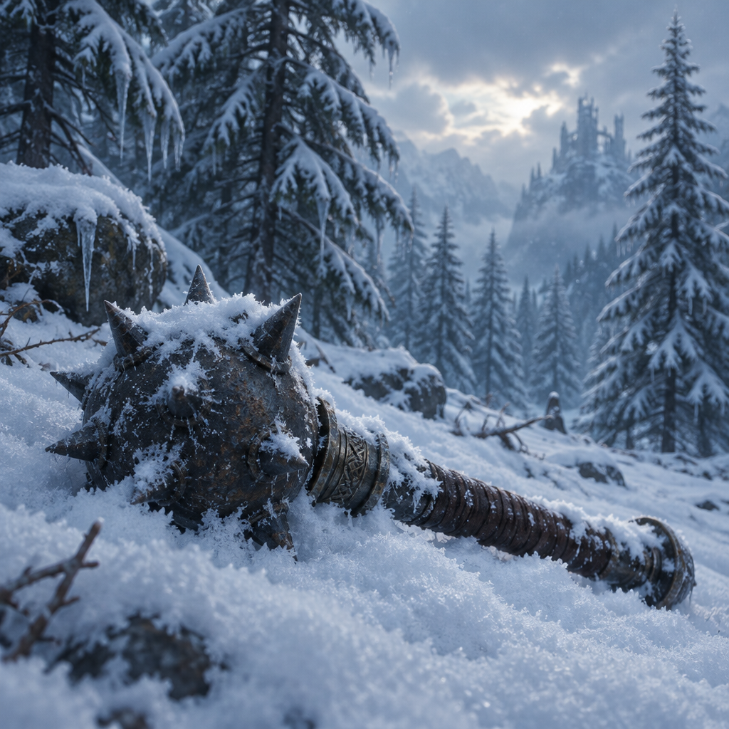 Digital art print, Mace in the Frozen Pines, showing a dark weathered metal mace with a spiked head half-buried in snow.